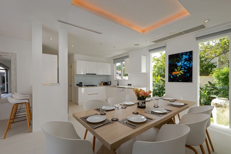 The renovated dining area and kitchen